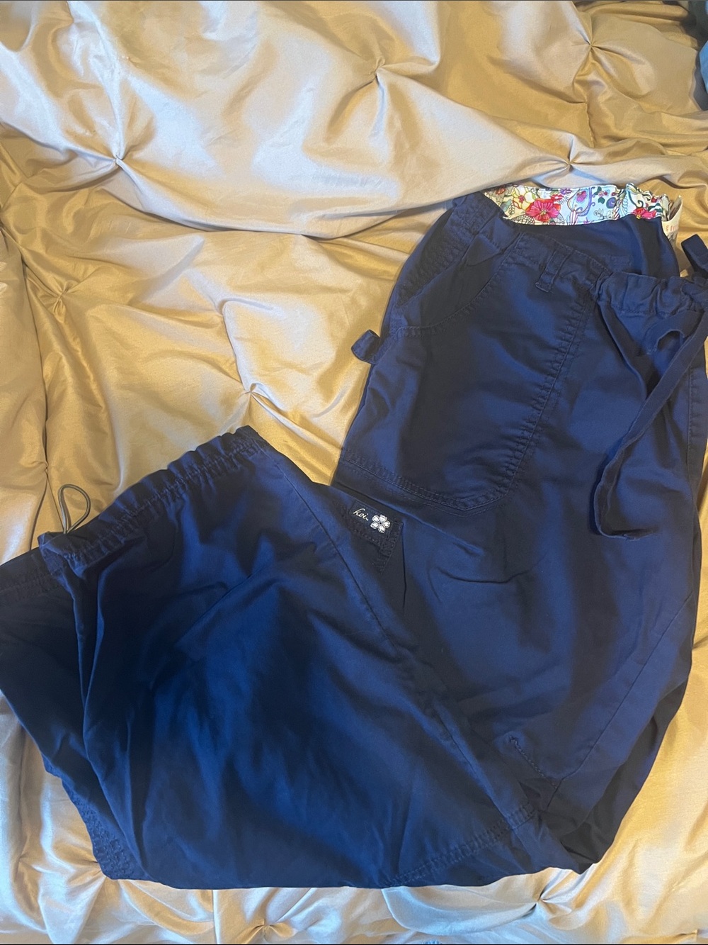 Koi Navy Blue Women's Scrub Pants with Floral Waistband Detail